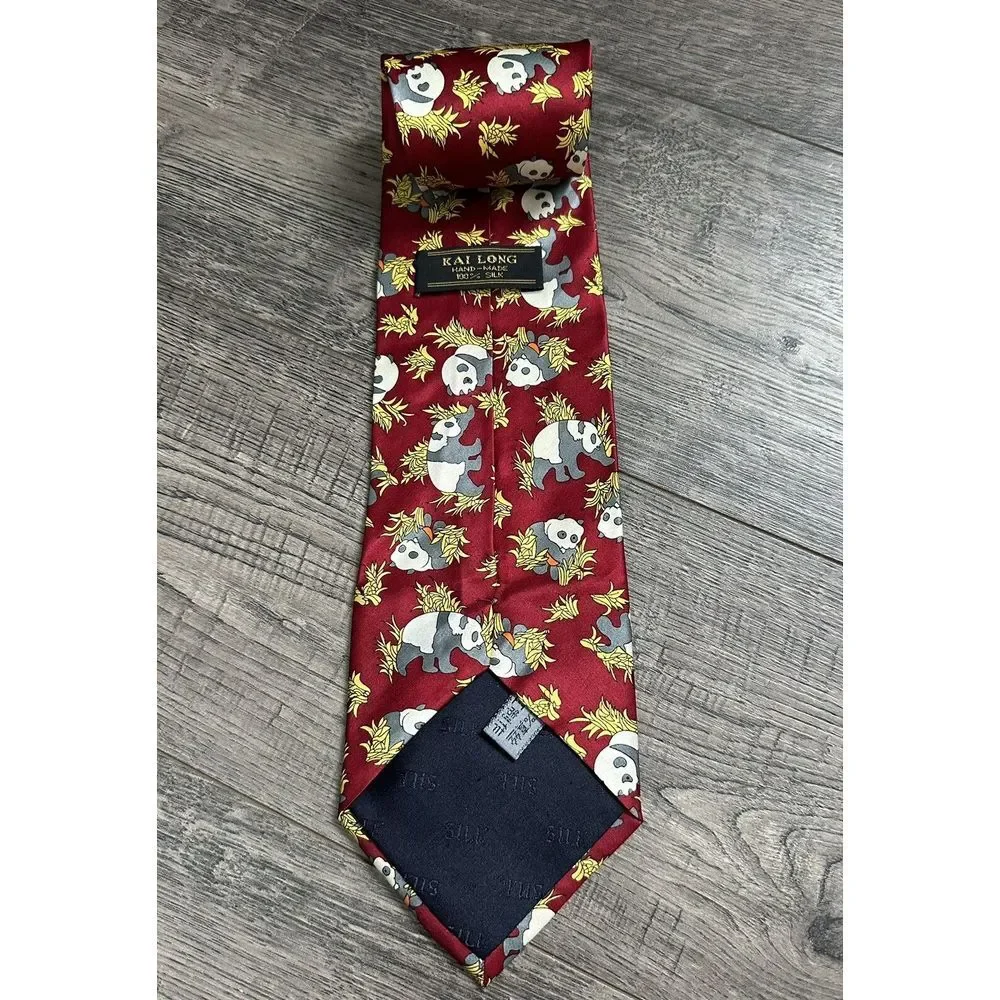 Kai Long  Panda Tie 100% Silk Hand‎ Made Burgundy Neck Tie